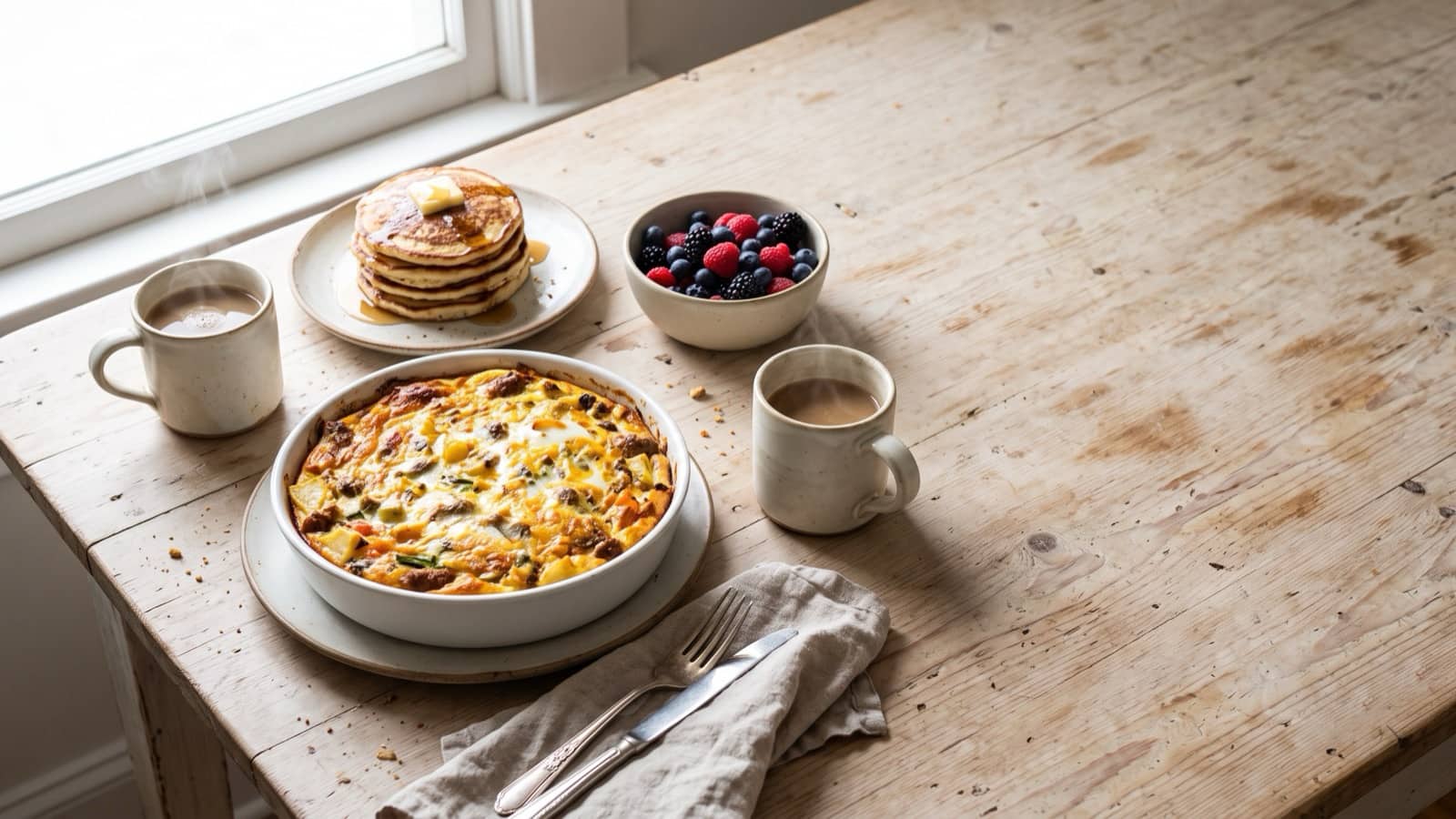 Weekend breakfast spread with a baked casserole, pancakes, berries, and coffee