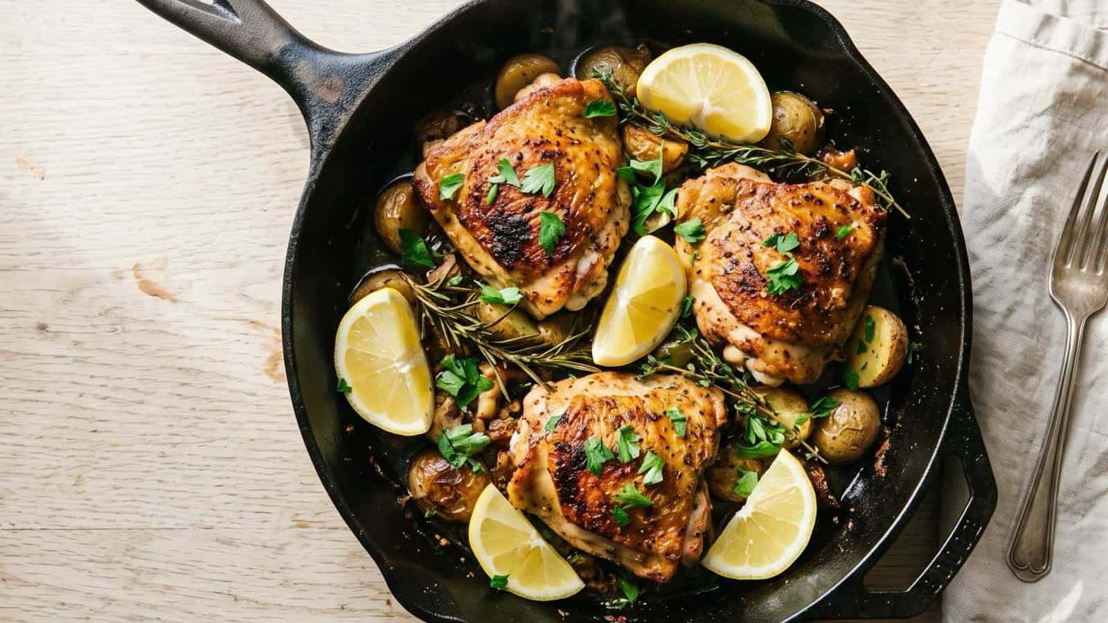 Crispy chicken thighs in a cast iron skillet with lemon wedges and fresh parsley