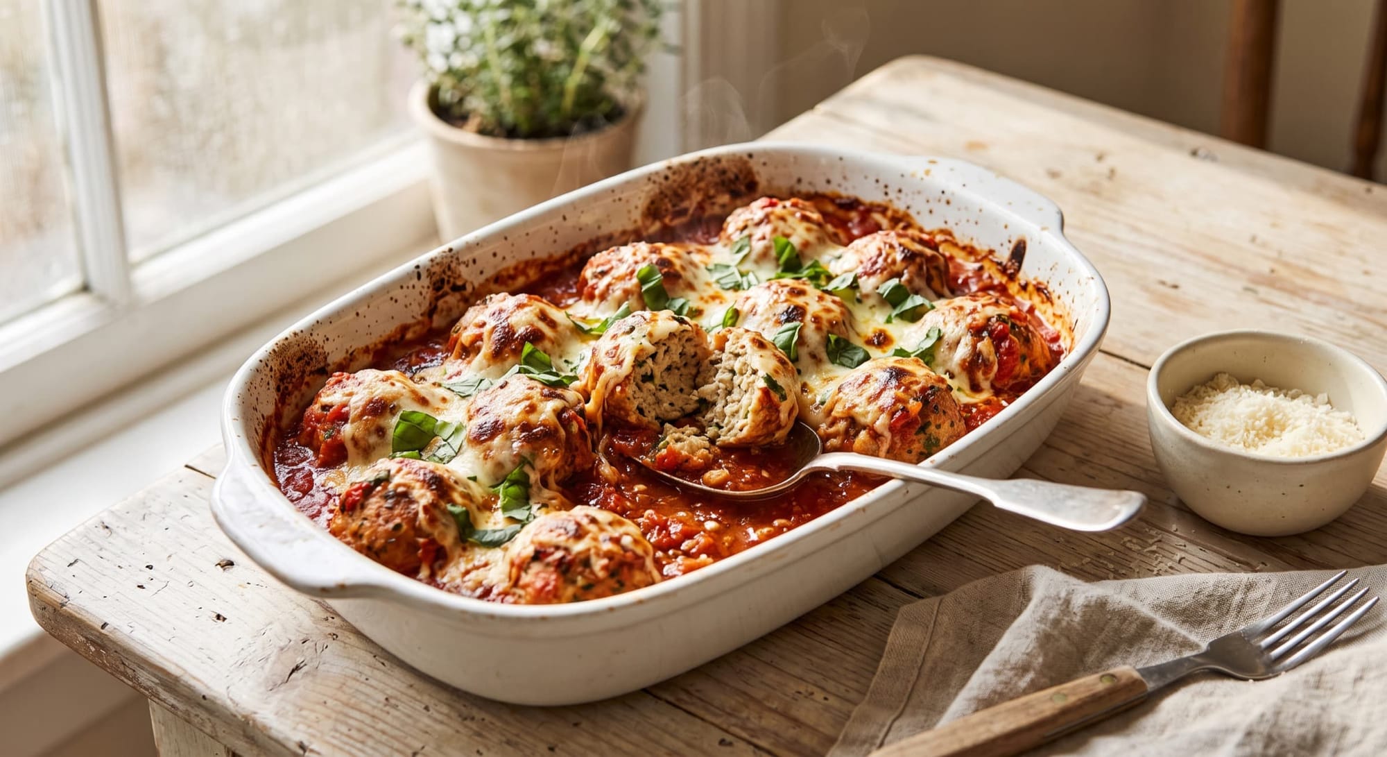 Chicken parmesan meatballs in marinara topped with melted mozzarella and basil