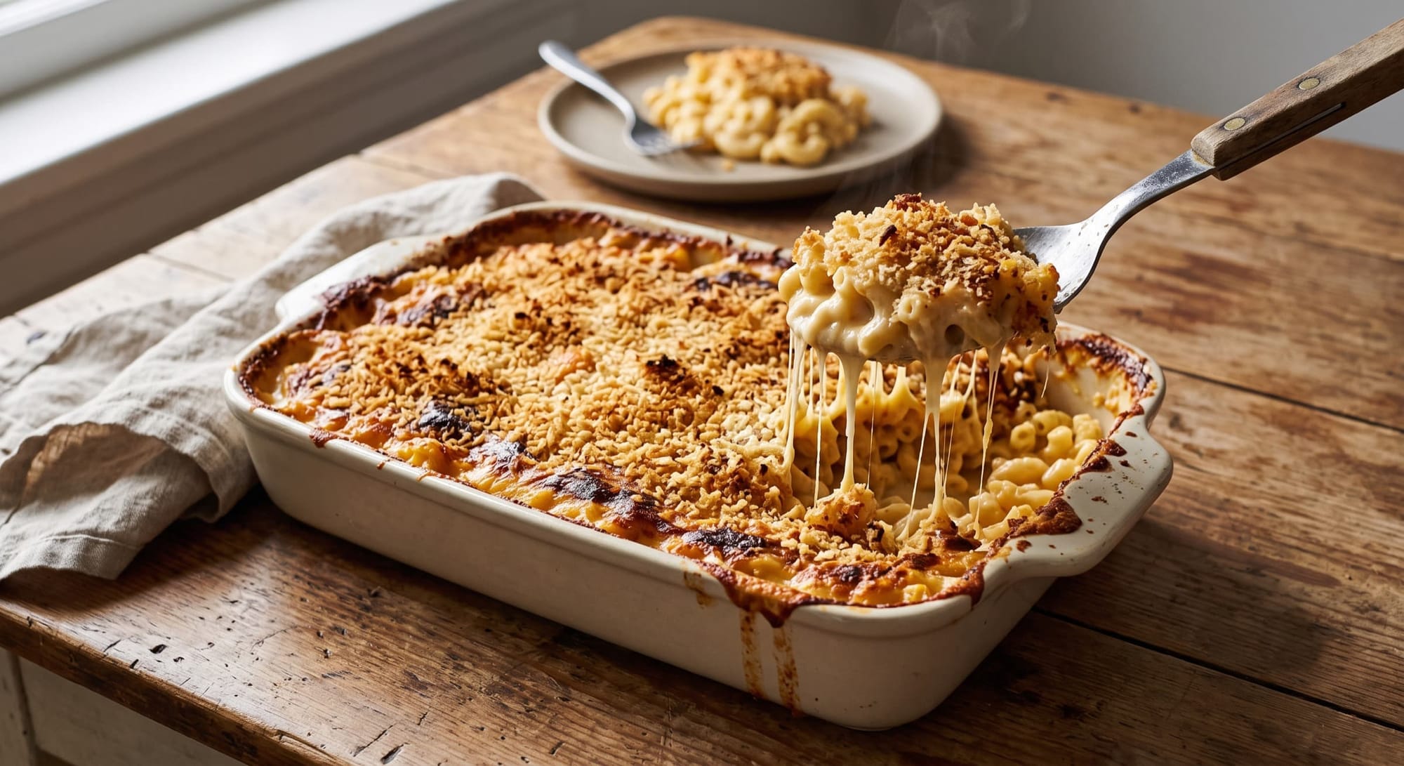 Baked mac and cheese with golden panko crust, a spoonful lifted showing creamy interior