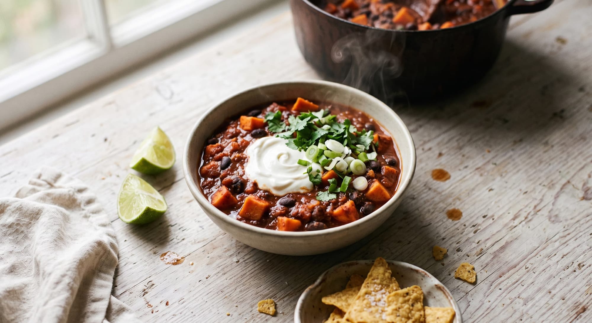 Bowl of black bean and sweet potato chili topped with sour cream, cilantro, and scallions