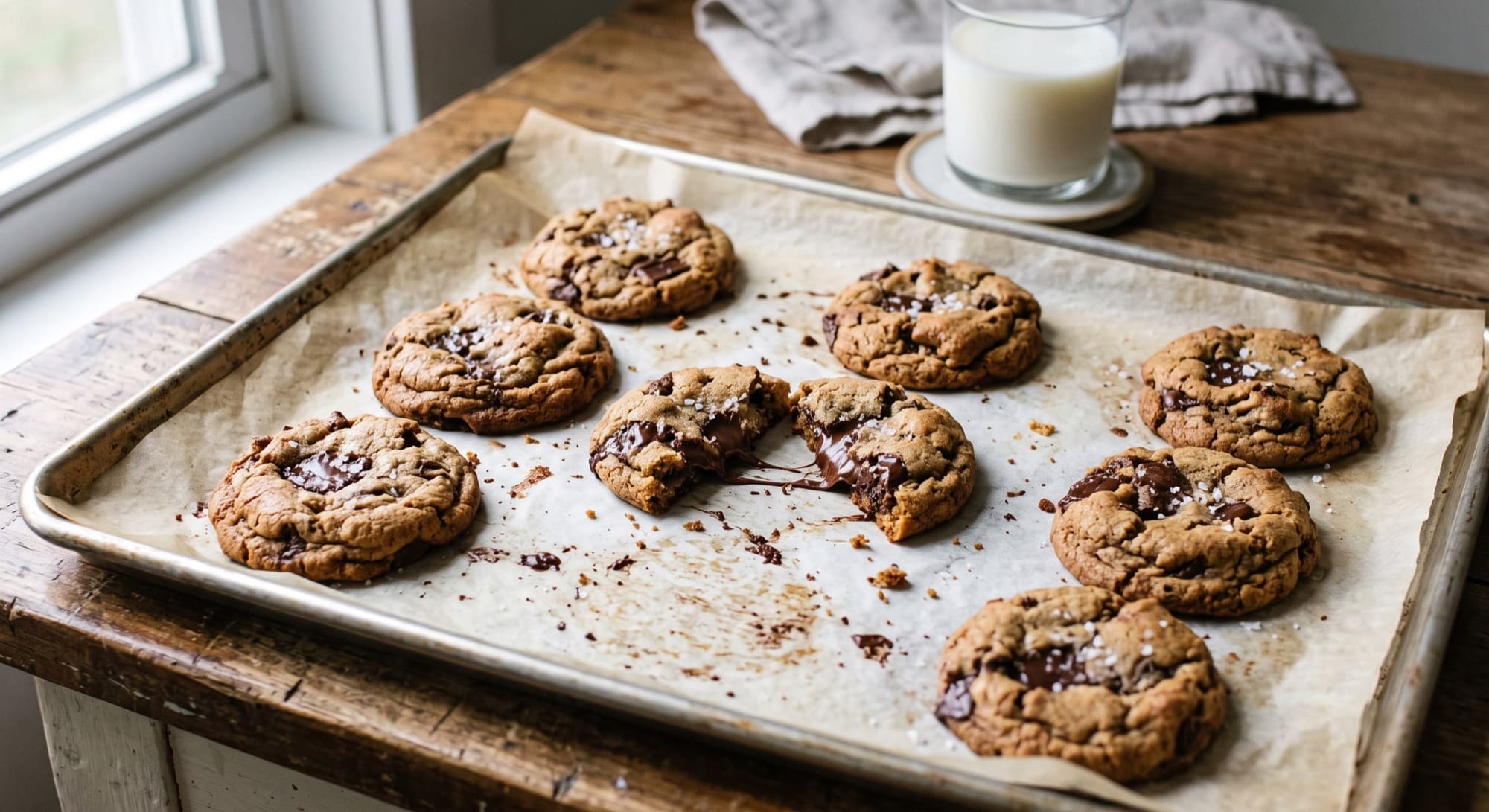 Brown butter chocolate chip cookies on a sheet pan with melted chocolate pools and flaky salt