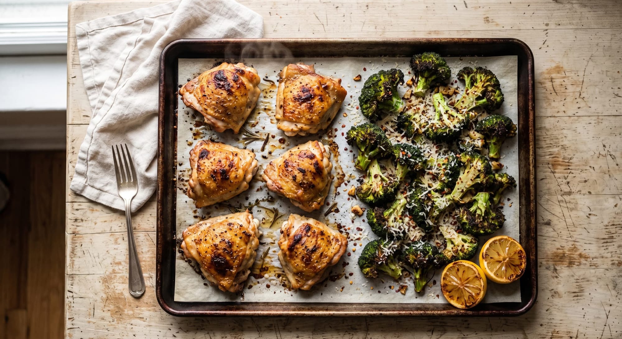Crispy chicken thighs and charred broccoli on a sheet pan with lemon halves