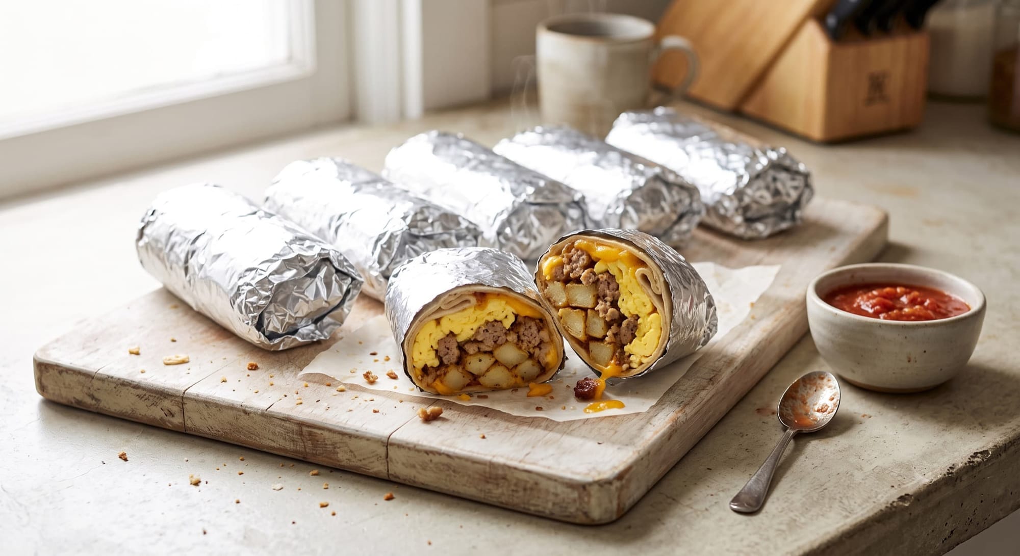 Foil-wrapped breakfast burritos with one cut open showing egg, potato, sausage, and melted cheese
