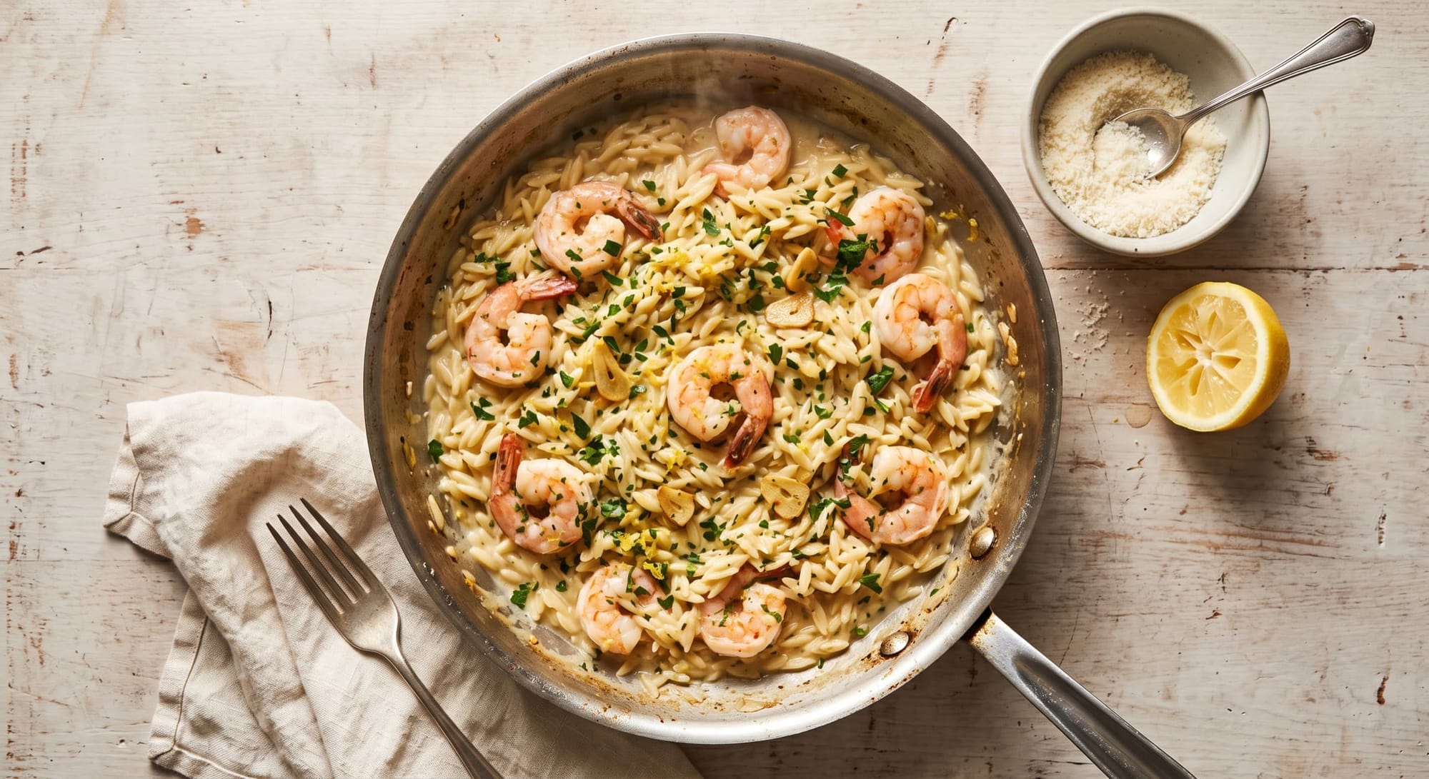 Garlic butter shrimp over creamy orzo in a skillet with parsley and lemon