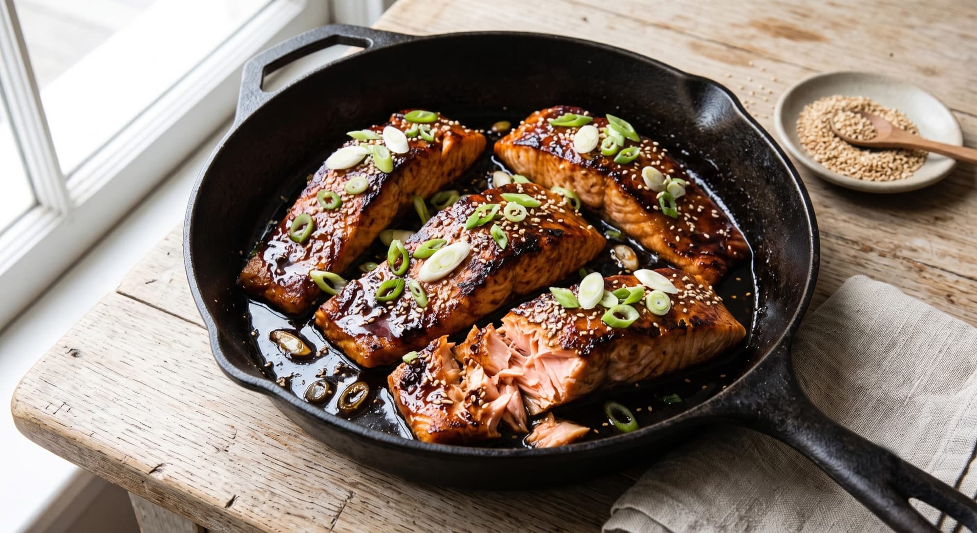 Salmon fillets in a glossy honey soy glaze topped with scallions and sesame seeds