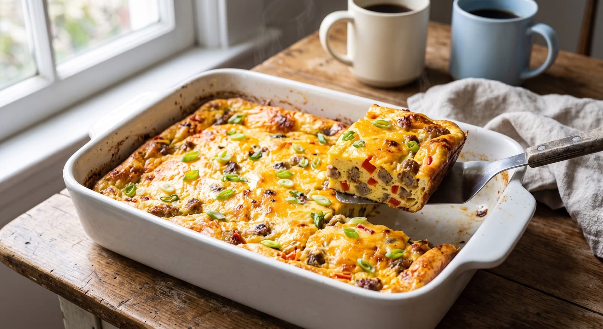 Golden baked sausage and cheddar breakfast casserole with one square lifted out on a spatula