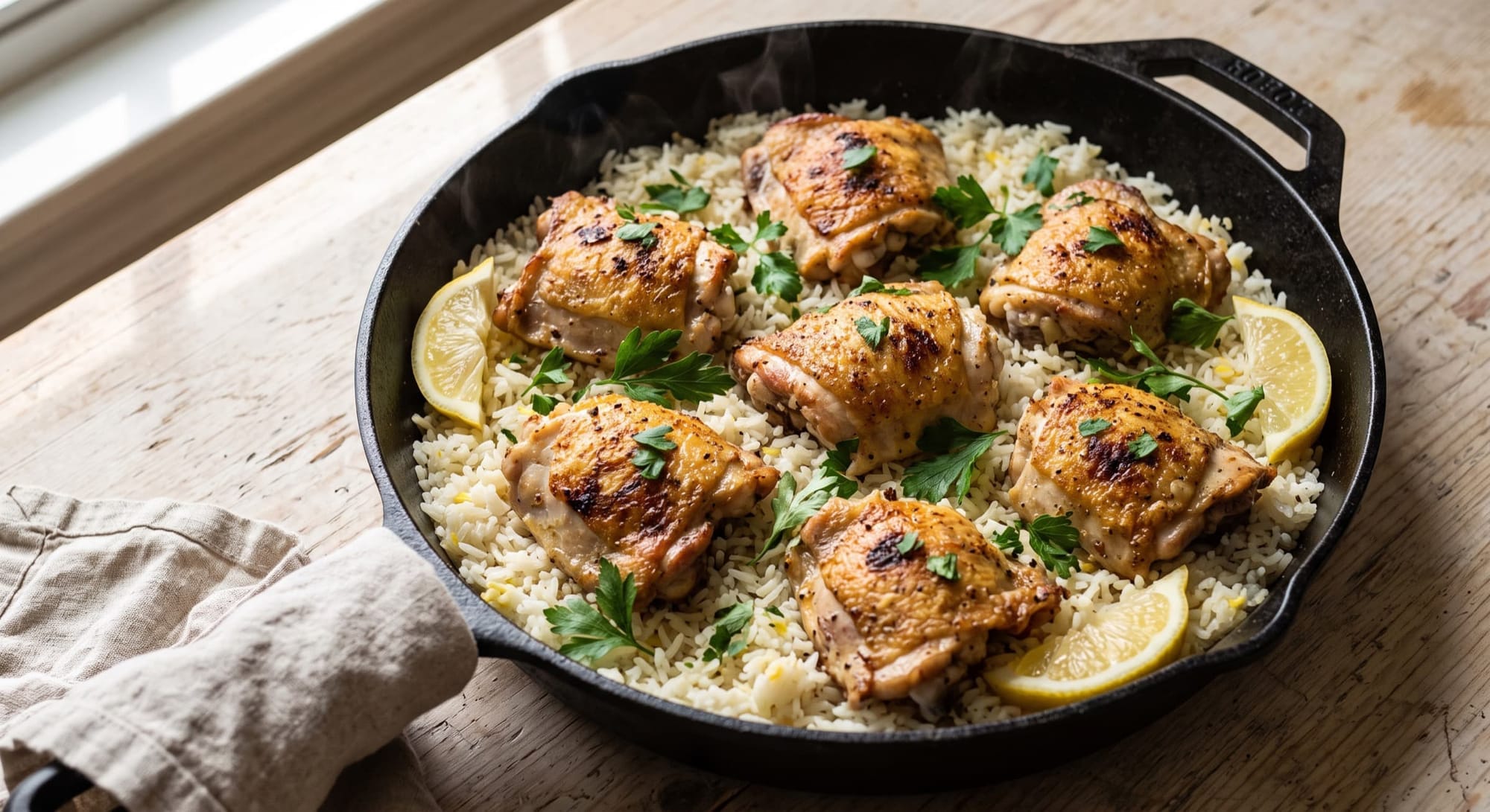 Crispy chicken thighs on lemon garlic rice in a cast iron skillet with parsley and lemon wedges
