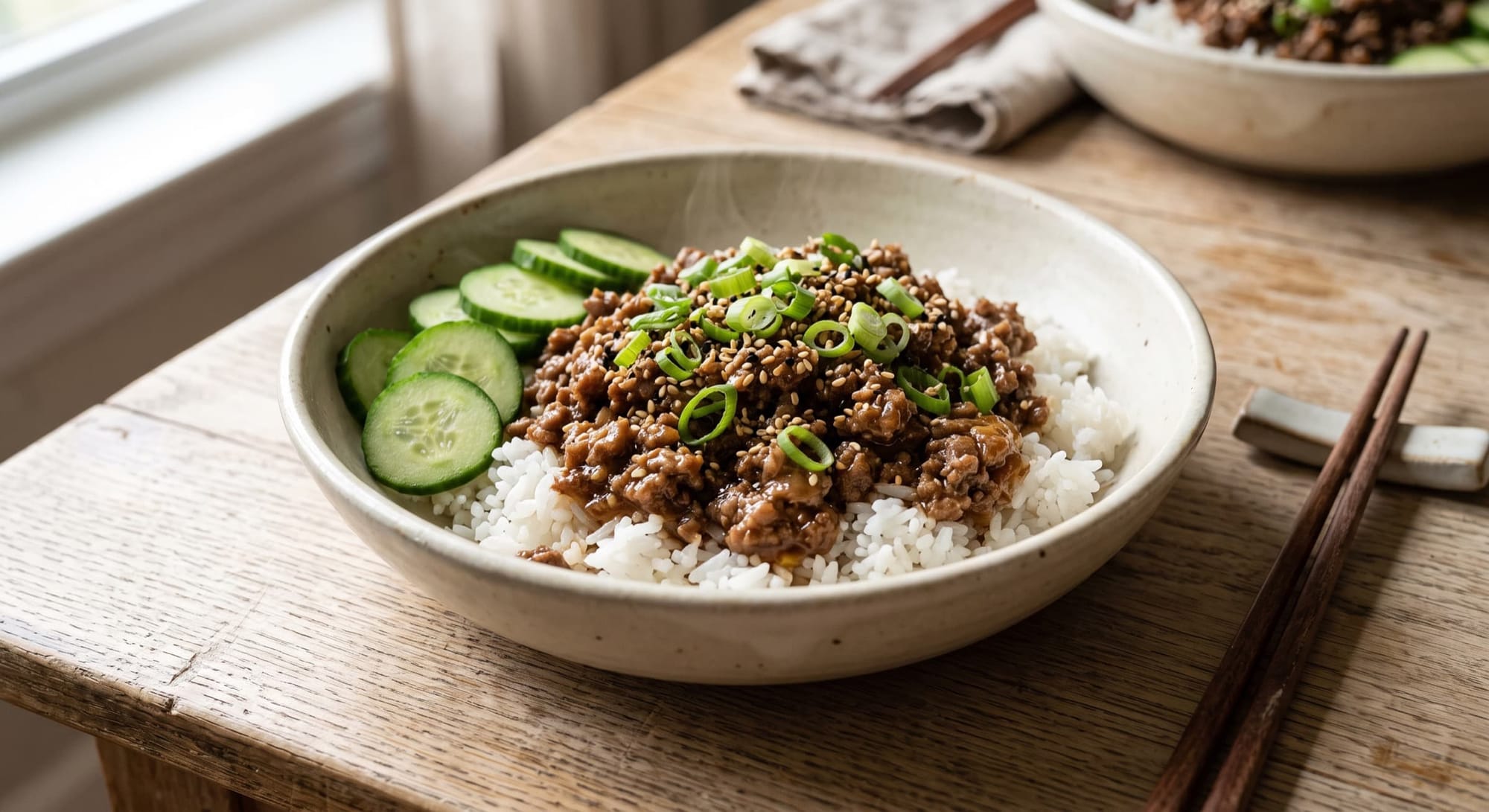 Sesame ground beef over white rice in a bowl with scallions, sesame seeds, and cucumber