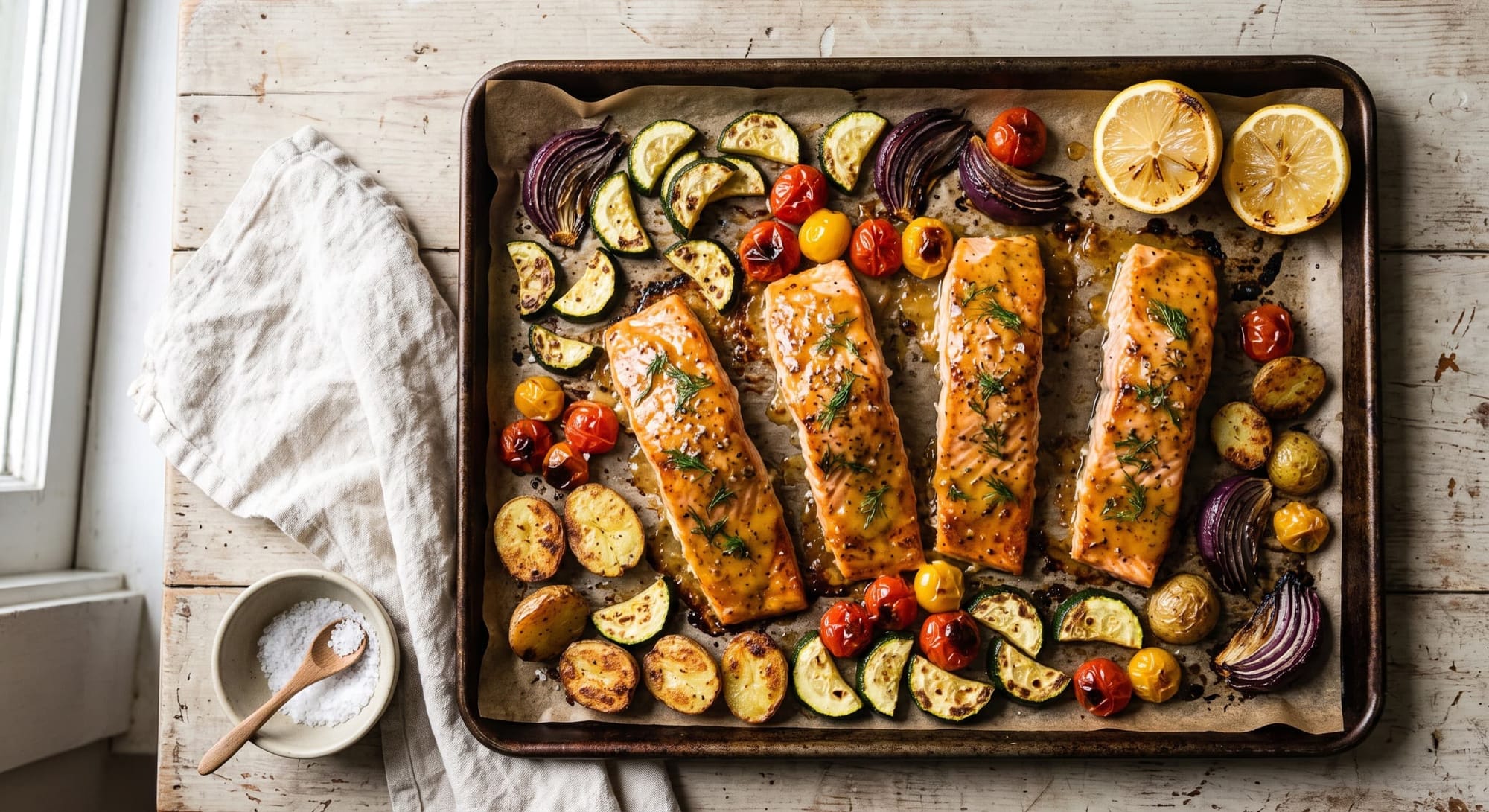 Sheet pan of honey mustard salmon with roasted potatoes, zucchini, tomatoes, and red onion