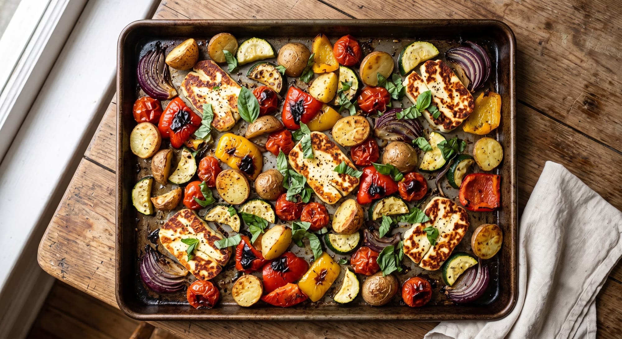 Sheet pan of roasted vegetables and golden halloumi slabs with fresh basil