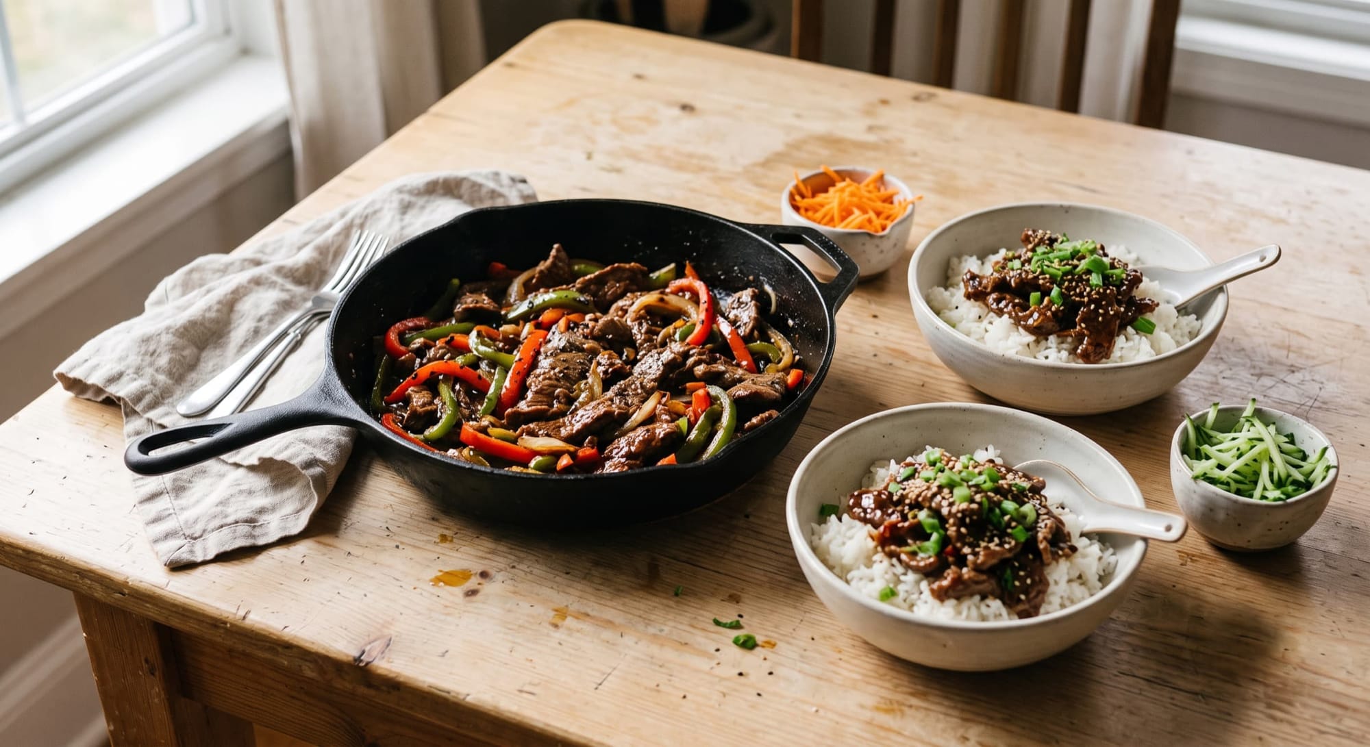 Skillet of beef and peppers beside rice bowls topped with scallions and sesame seeds