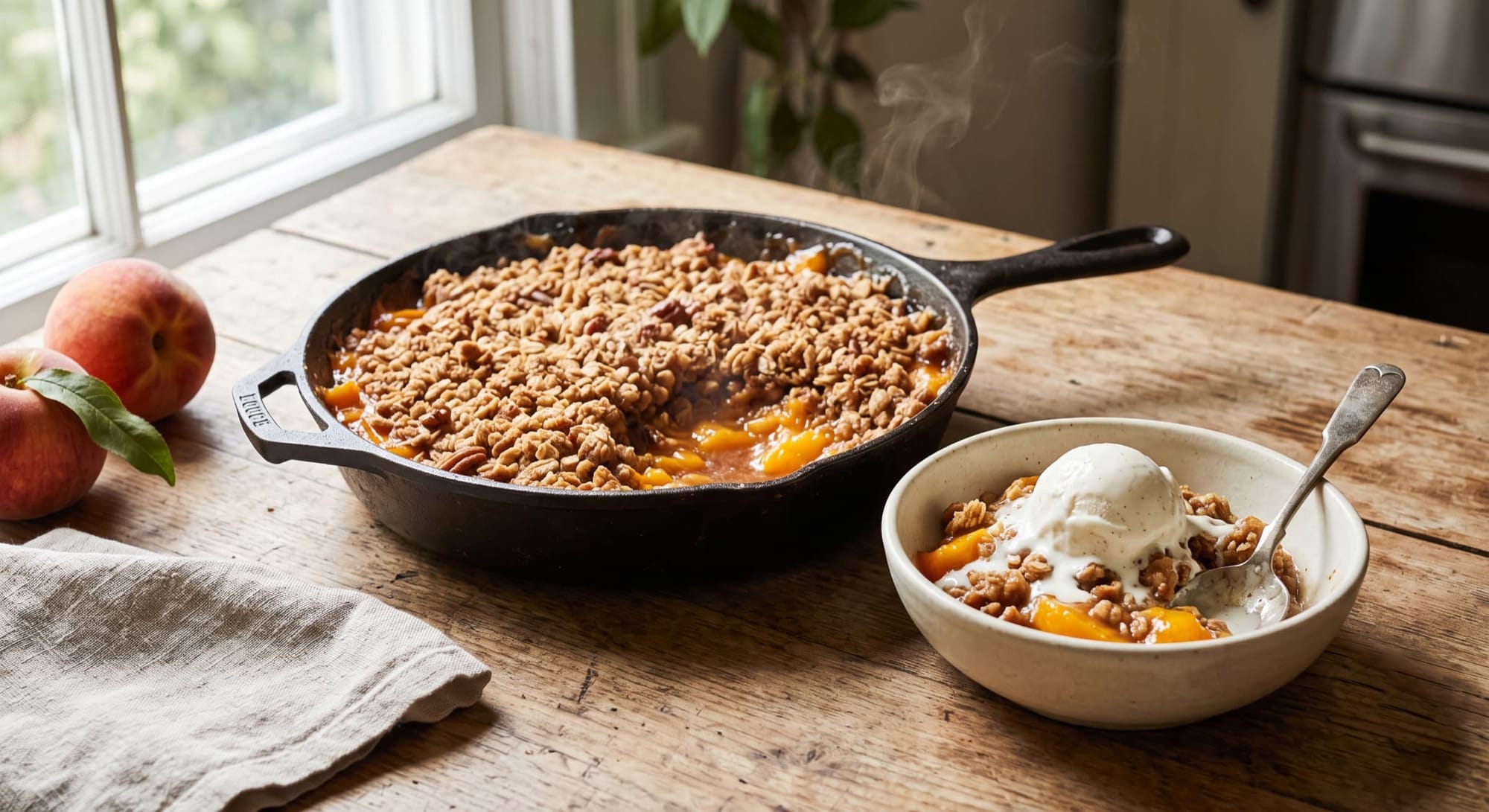 Skillet peach crisp with golden oat topping and bubbling peach filling, ice cream melting on a serving