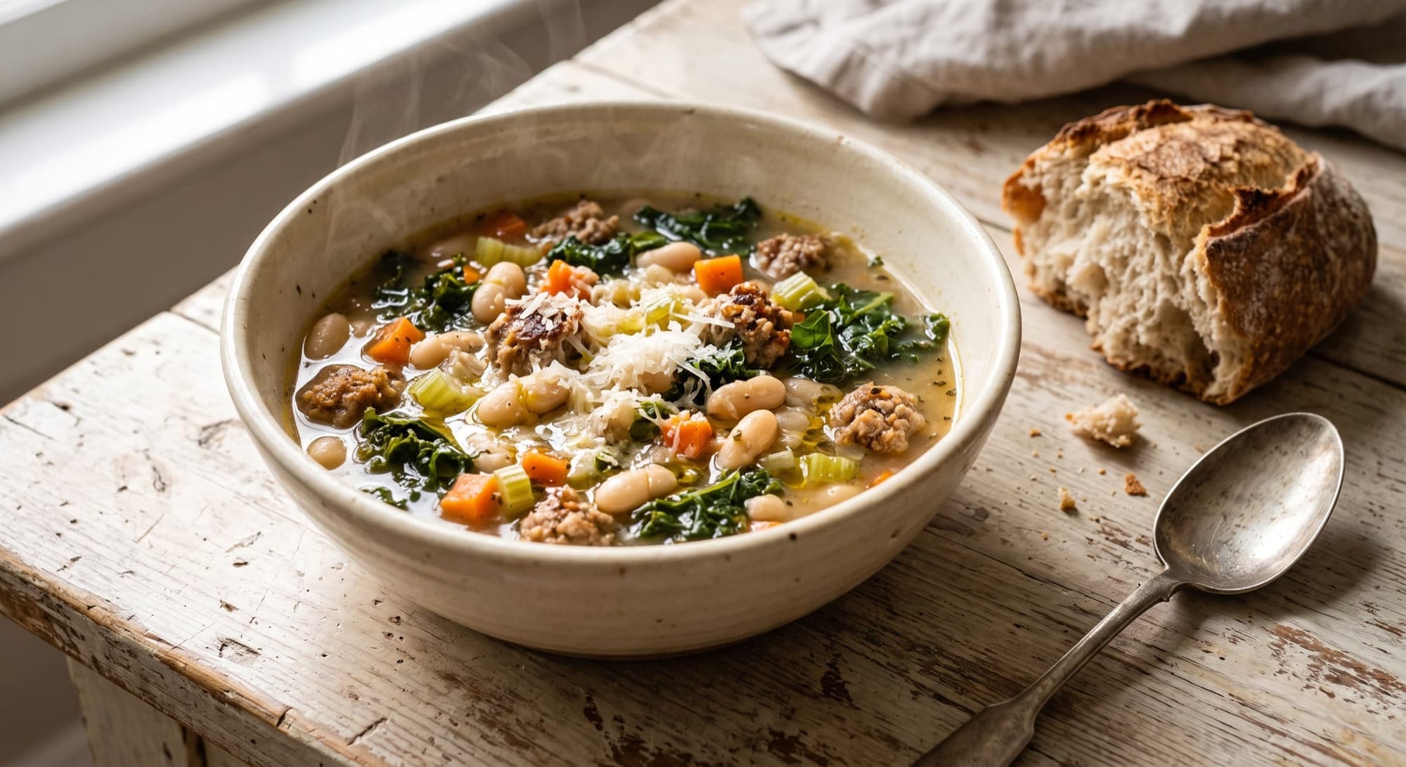 Bowl of white bean and sausage stew with kale, topped with Parmesan and olive oil