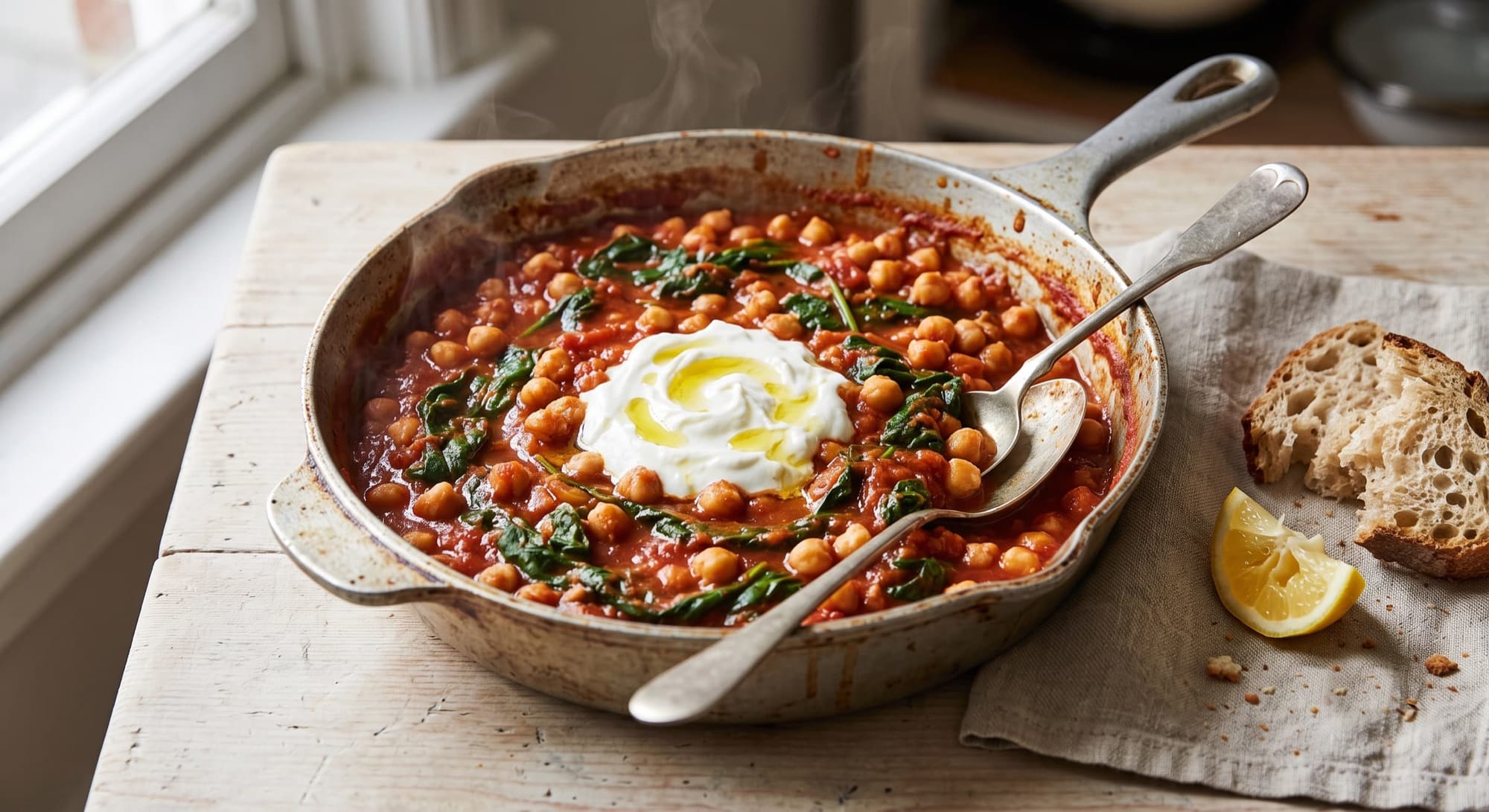 Chickpeas in spiced tomato sauce with spinach in a skillet, topped with yogurt and olive oil