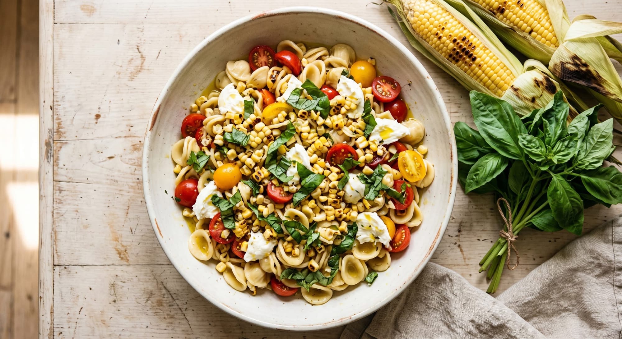 Summer pasta with cherry tomatoes, charred corn, mozzarella, and fresh basil in a ceramic bowl