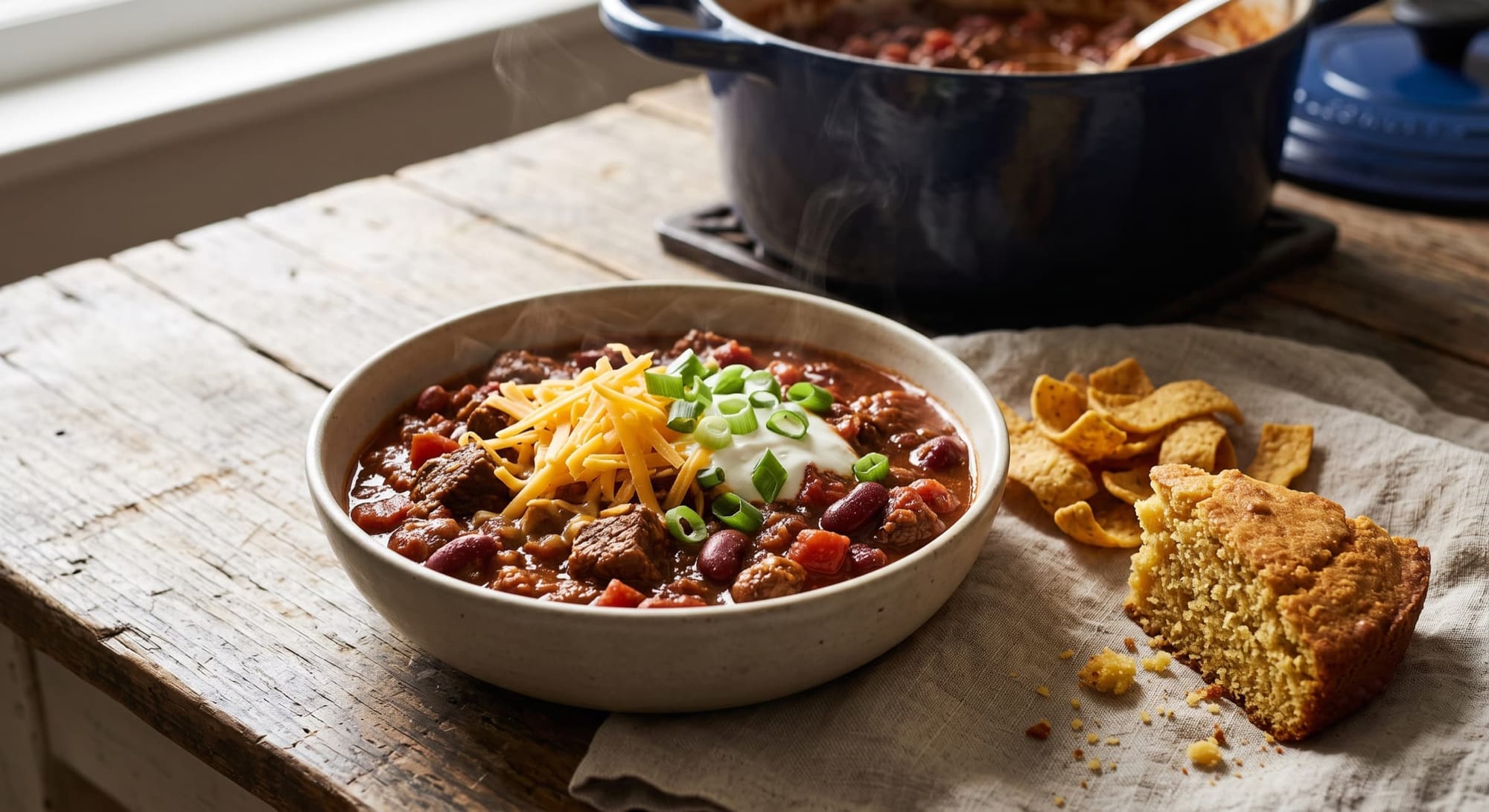 Bowl of beef chili topped with shredded cheddar, sour cream, and scallions