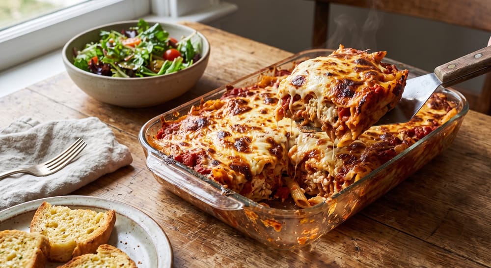 Baked ziti in a baking dish with browned mozzarella, one serving lifted showing ricotta layers