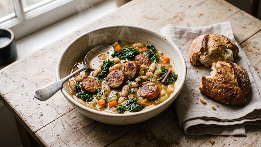 Bowl of white bean and sausage stew with torn crusty bread