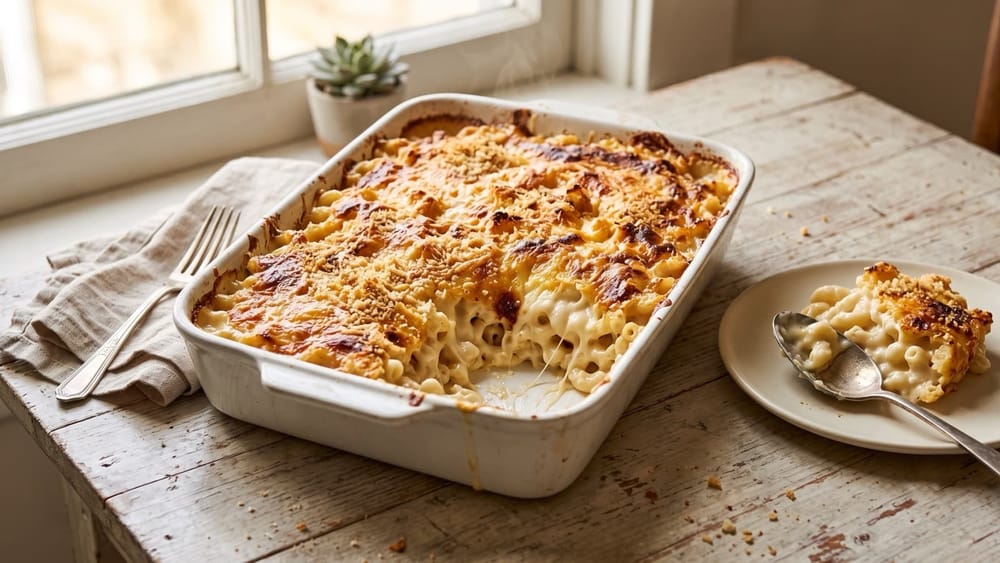 Baked mac and cheese with a golden crust and one portion scooped out