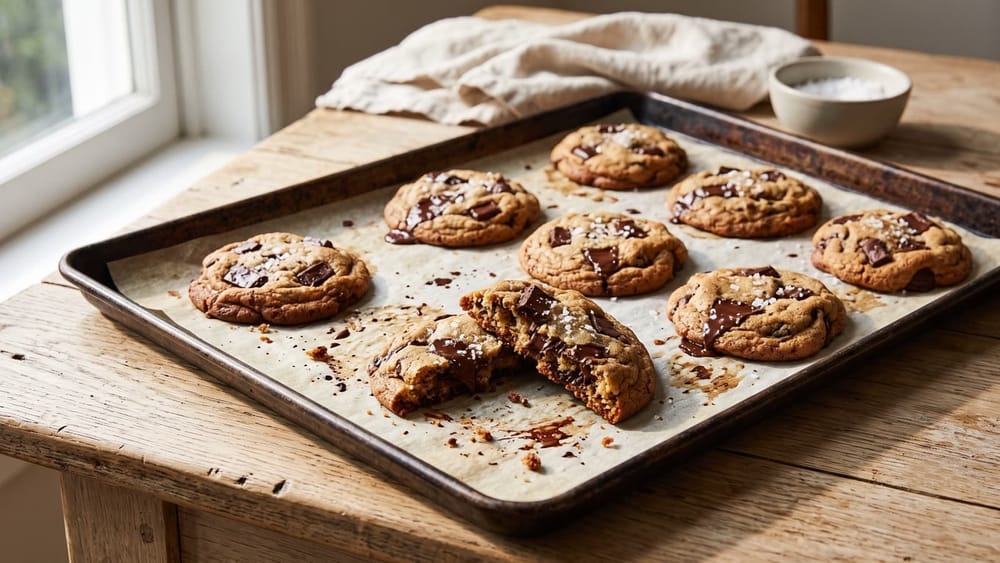 Chocolate chip cookies on parchment with melted chocolate and flaky salt