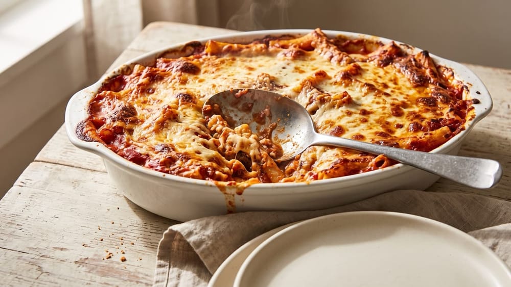 Baked pasta with browned cheese in a white dish with a serving spoon
