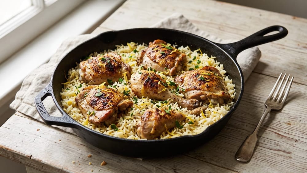 Skillet of seared chicken over lemon rice with a fork alongside