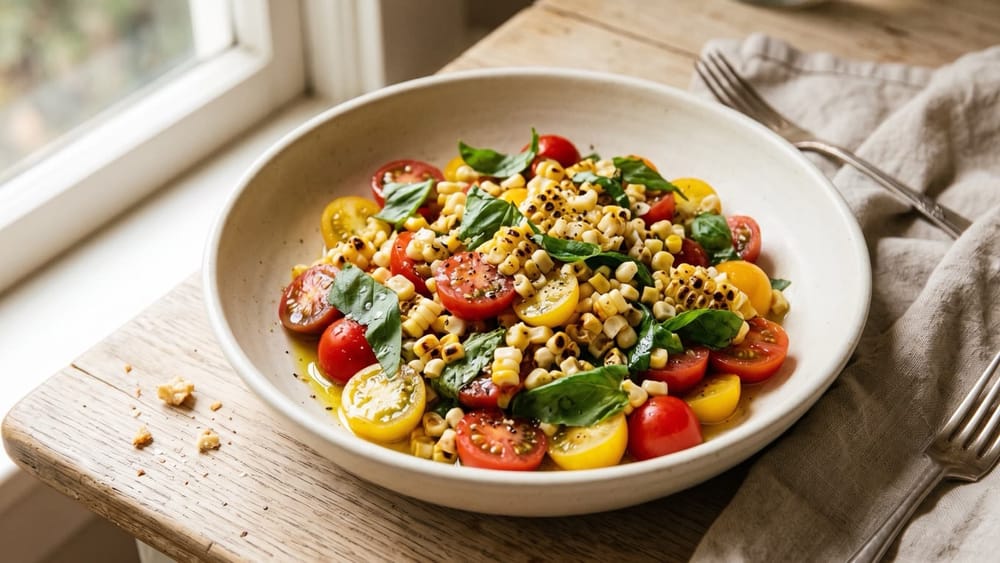 Summer salad with ripe tomatoes, charred corn, and torn basil