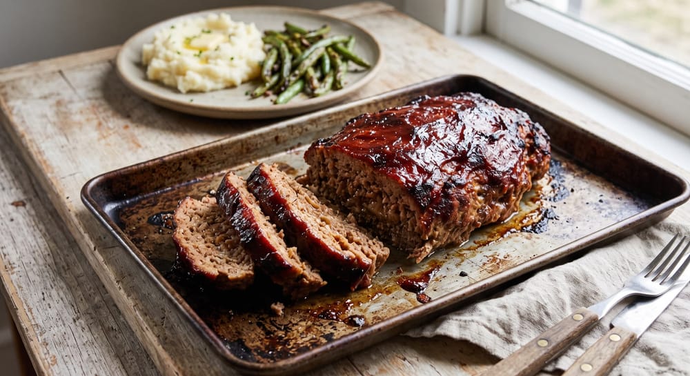 Sliced meatloaf with caramelized brown sugar glaze on a sheet pan