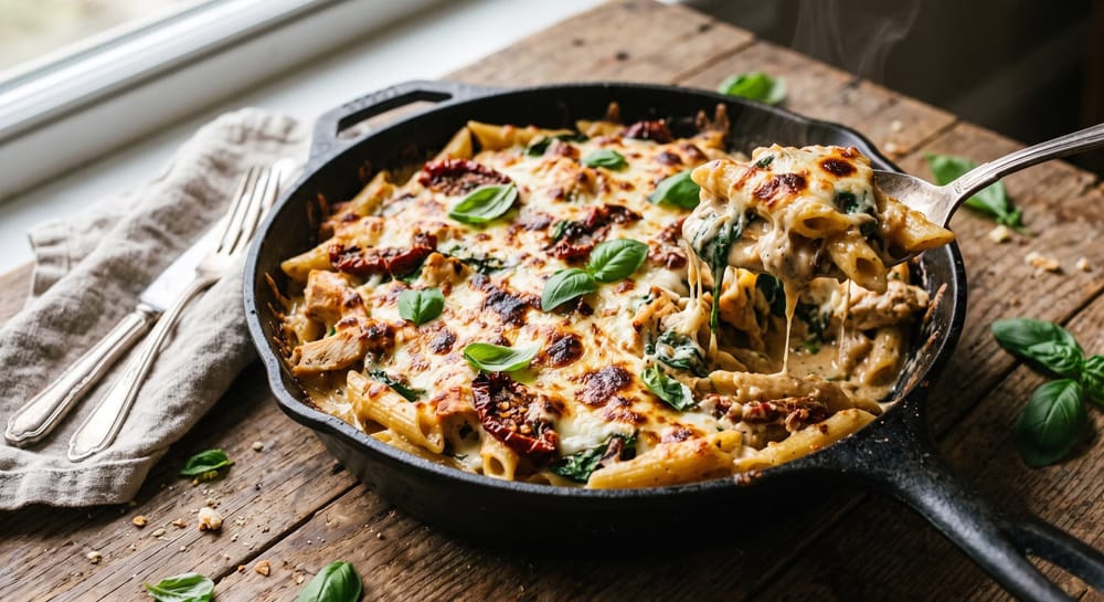 Creamy Tuscan chicken pasta bake with browned mozzarella, sun-dried tomatoes, and spinach
