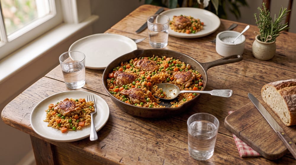 Family table with a skillet of chicken and rice being served onto simple plates