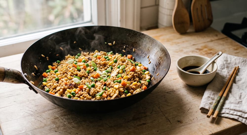 Egg fried rice with peas, carrots, corn, and scallions in a carbon steel wok