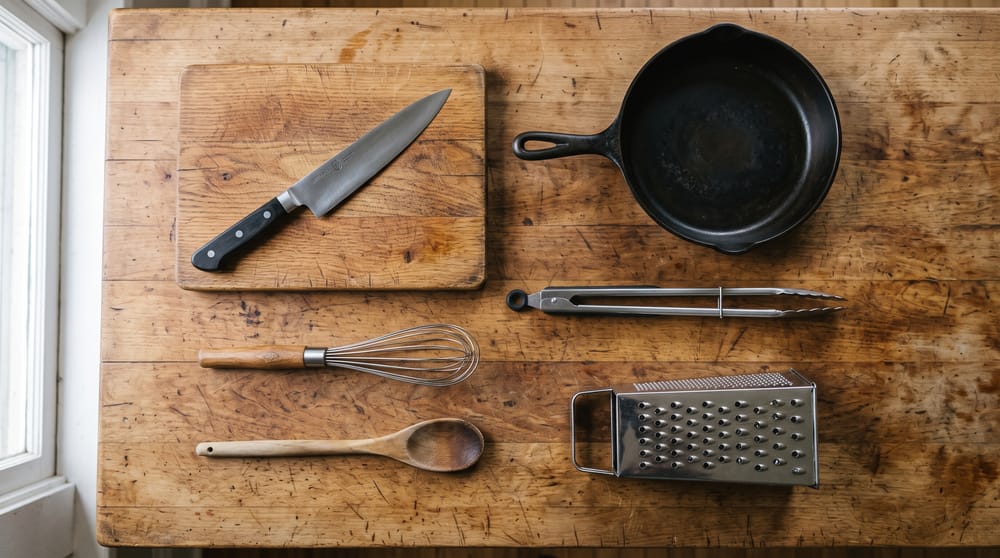 Essential kitchen tools laid out on a wooden counter: knife, skillet, tongs, whisk, grater and spoon