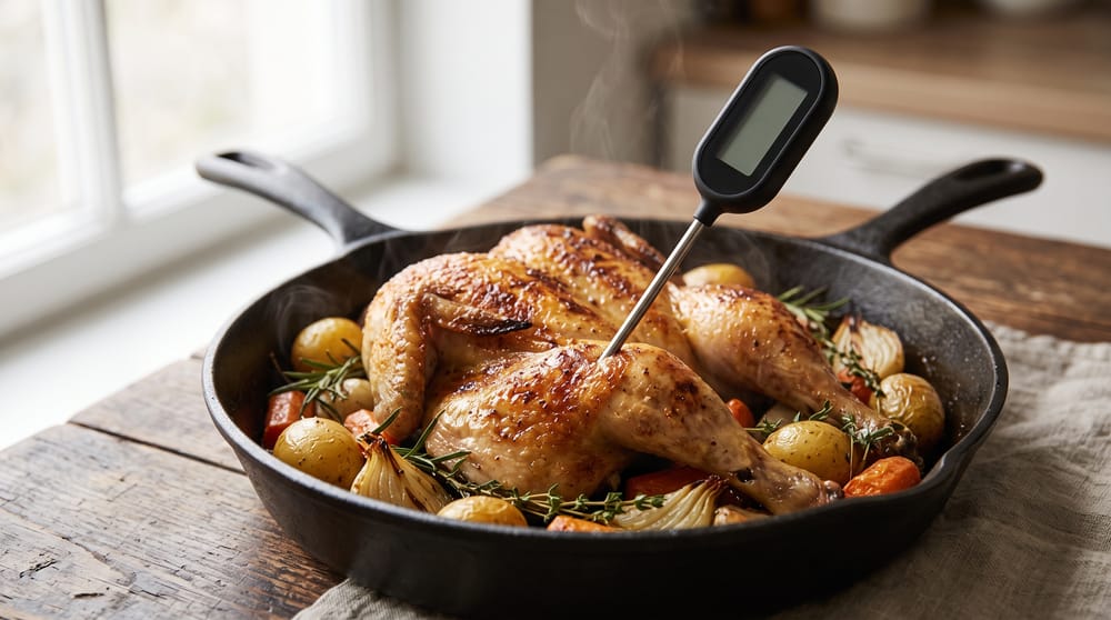 Instant-read thermometer inserted in a roast chicken in a cast iron skillet