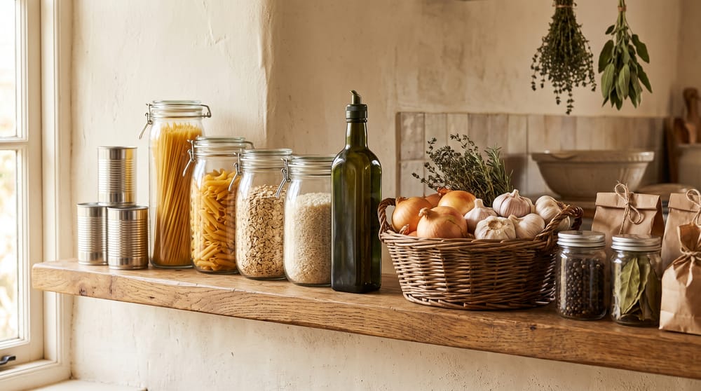 Pantry shelf stocked with jars of rice, pasta and oats, olive oil, cans, onions and garlic