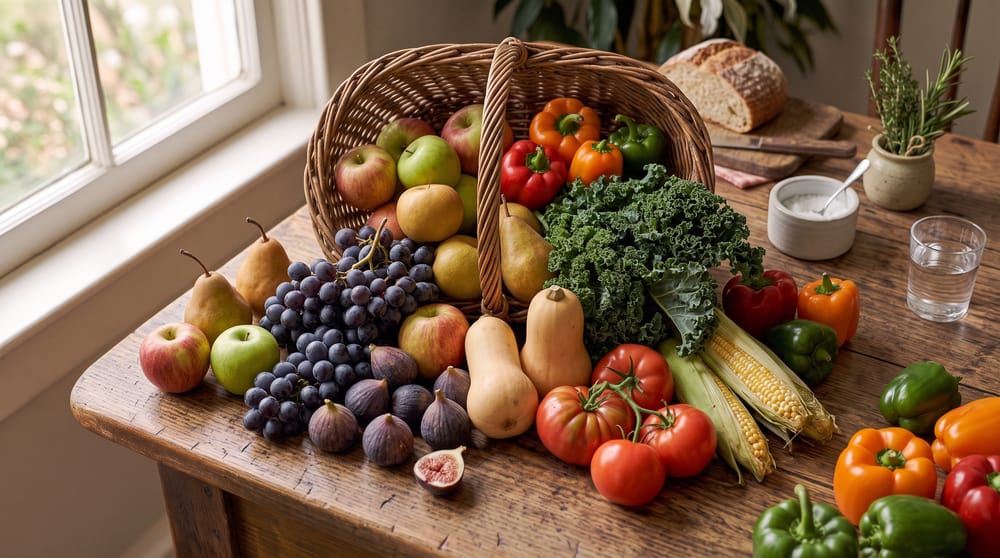September harvest produce: apples, pears, grapes, figs, squash, tomatoes, corn and kale in a basket