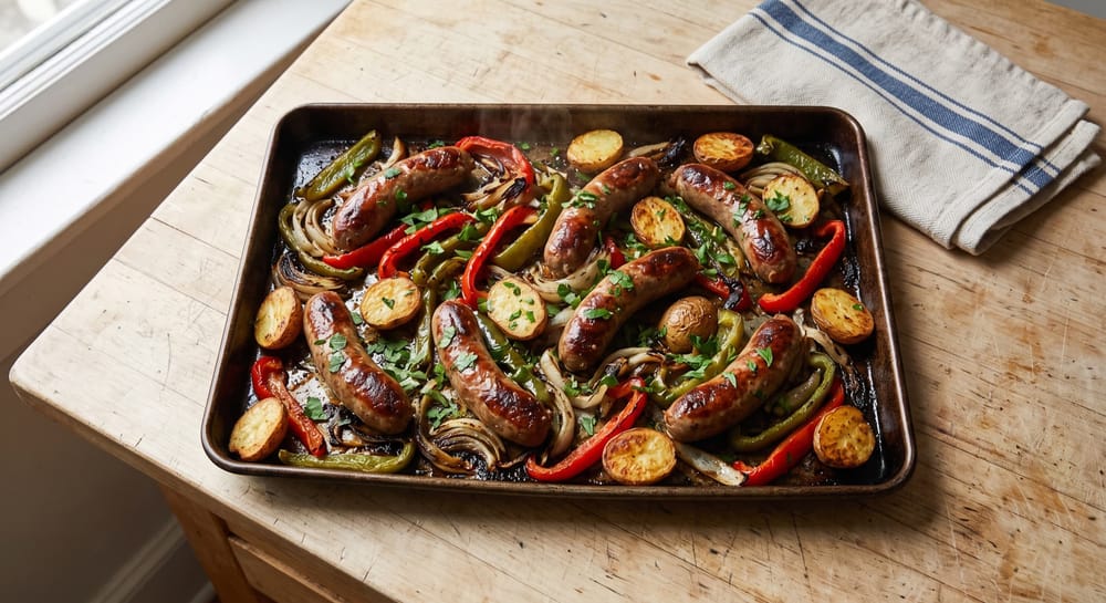 Sheet pan of browned Italian sausage links with charred peppers, onions, and roasted potatoes