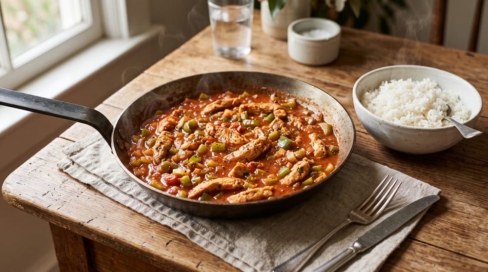 Chicken creole with peppers and celery in tomato sauce in a skillet beside white rice