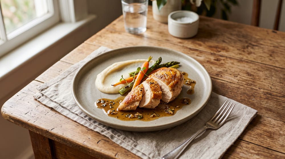 Seared chicken with pan sauce plated restaurant-style on a home kitchen table
