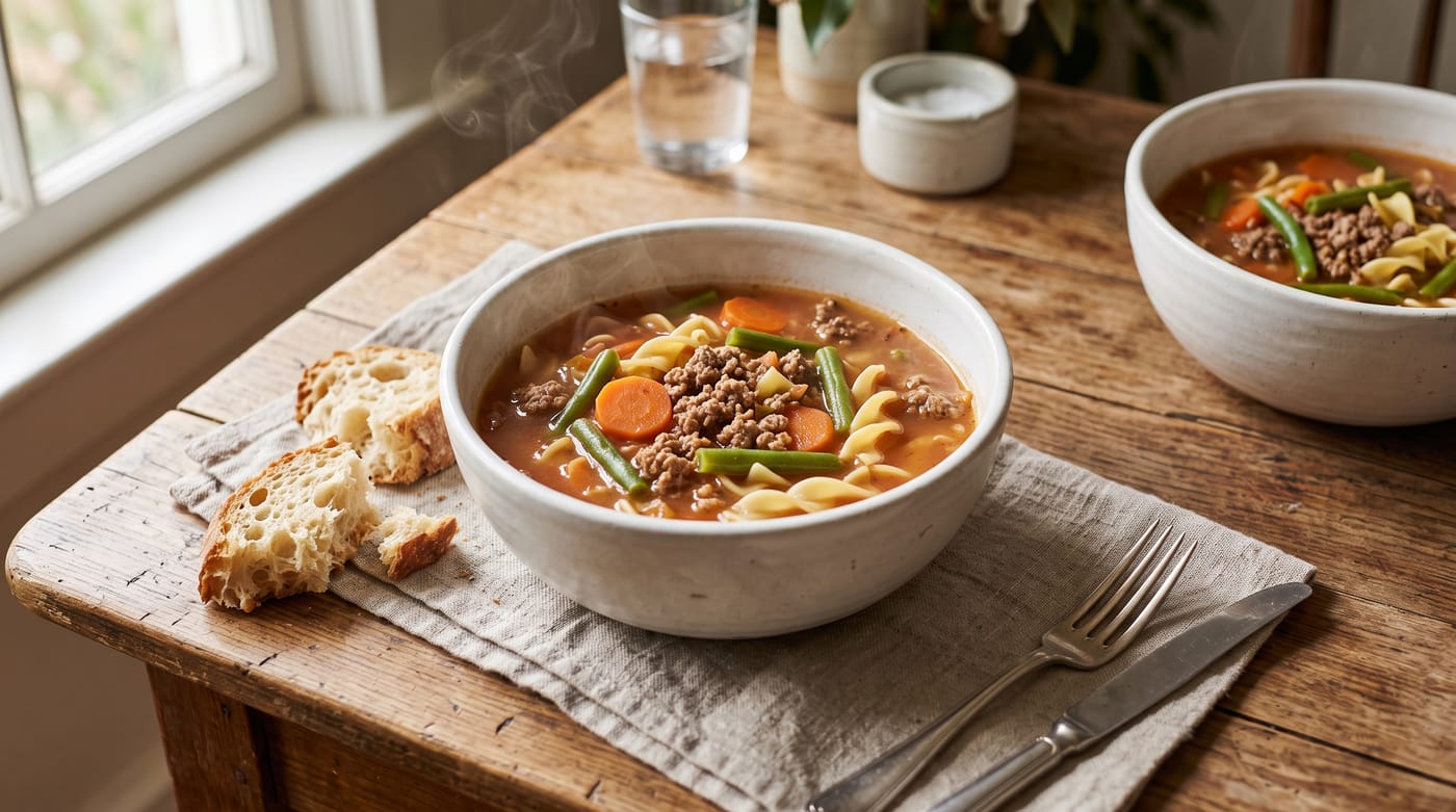 Beef and vegetable soup with carrots, green beans, and egg noodles in a white bowl with crusty bread