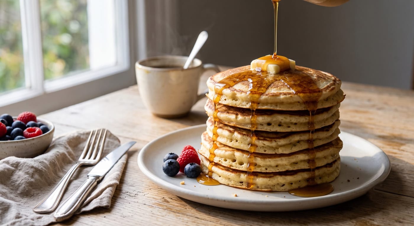 Stack of tall golden buttermilk pancakes with melting butter and maple syrup pouring over