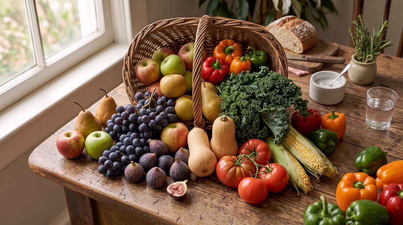 September harvest produce: apples, pears, grapes, figs, squash, tomatoes, corn and kale in a basket
