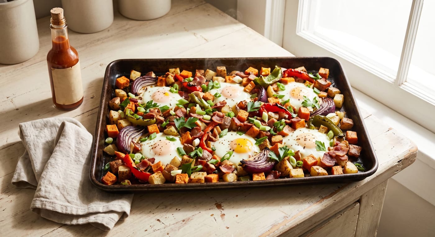 Sheet pan breakfast hash with crispy potatoes, peppers, bacon, and six baked eggs with runny yolks