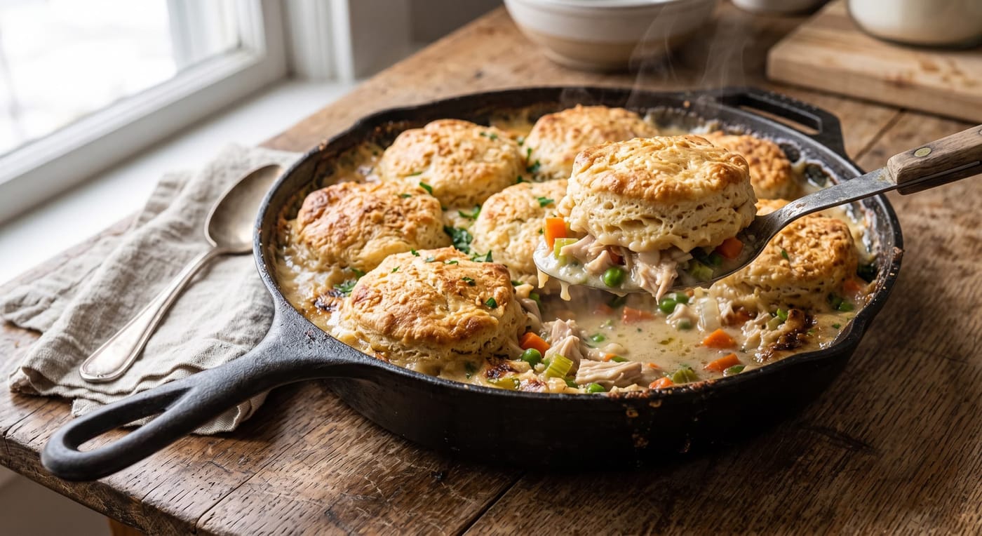 Skillet chicken pot pie with golden biscuit topping and creamy vegetable filling