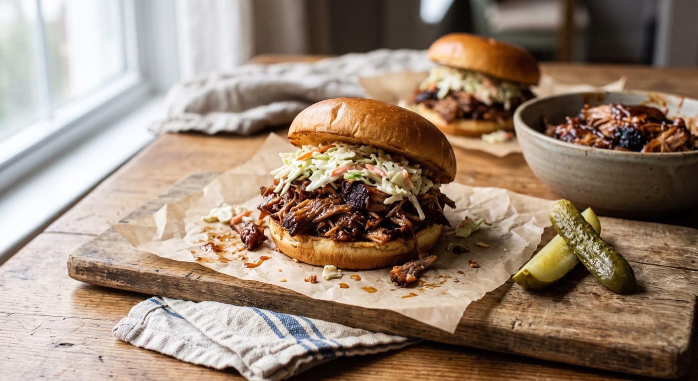 Pulled pork sandwich topped with coleslaw on a soft bun with pickles alongside