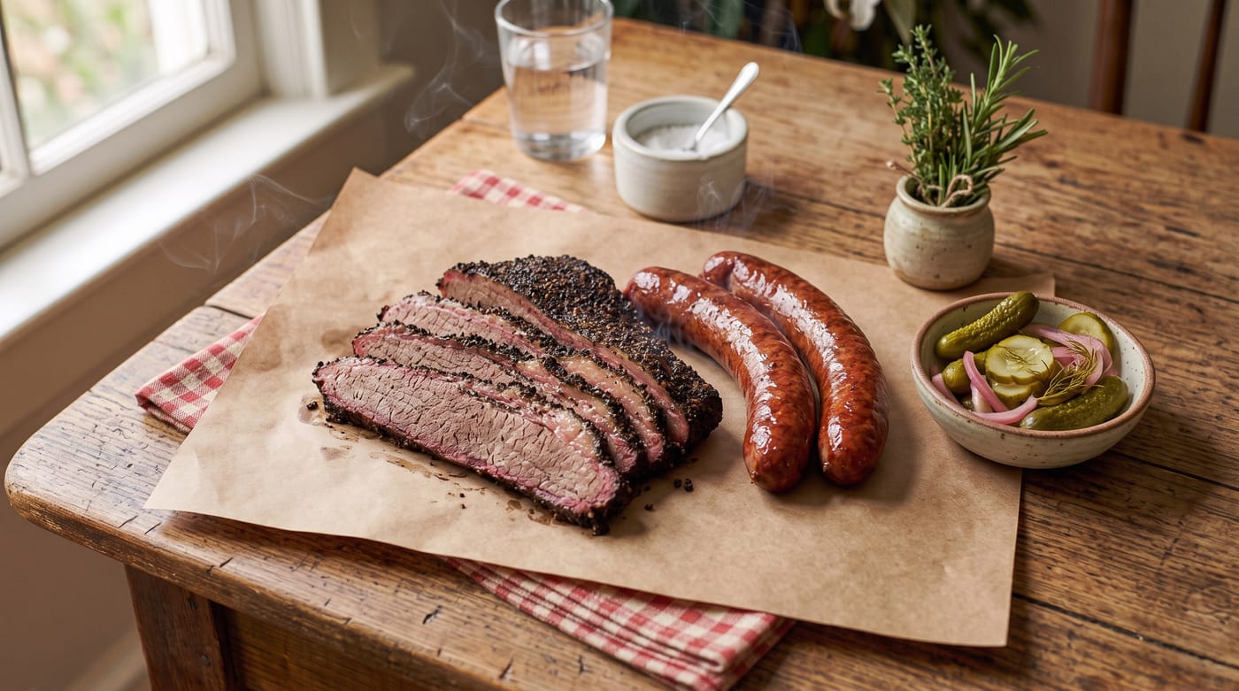 Sliced smoked brisket with peppery bark and smoke ring on butcher paper with sausage and pickles